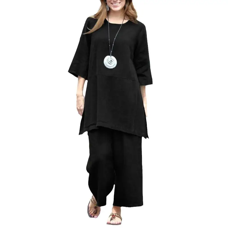 2023 Women's Black Loose Cotton Tunic & Pants Set - Image 6