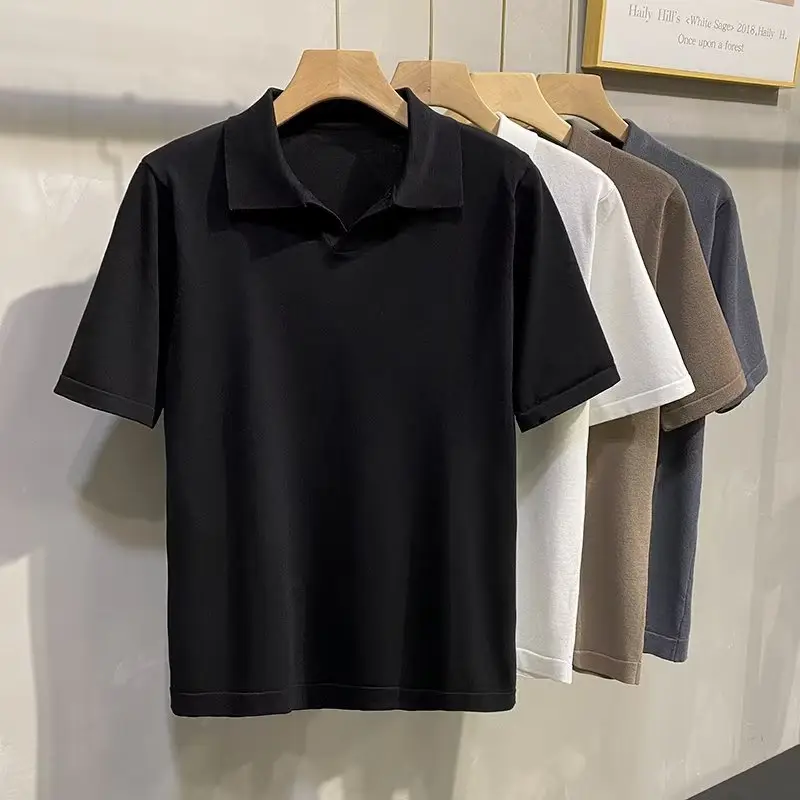 Men Summer Knitted T-Shirt Solid Color Slim Fit - Image 6