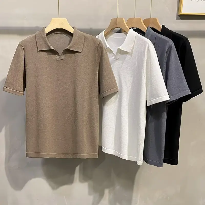 Men Summer Knitted T-Shirt Solid Color Slim Fit - Image 7