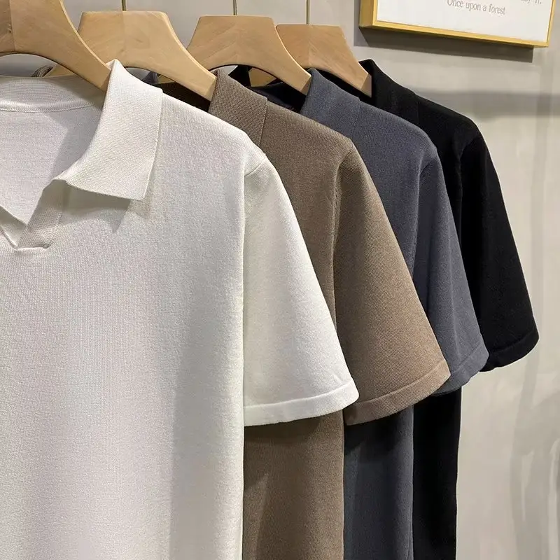 Men Summer Knitted T-Shirt Solid Color Slim Fit - Image 8