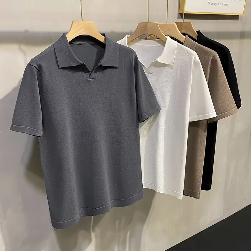 Men Summer Knitted T-Shirt Solid Color Slim Fit - Image 9