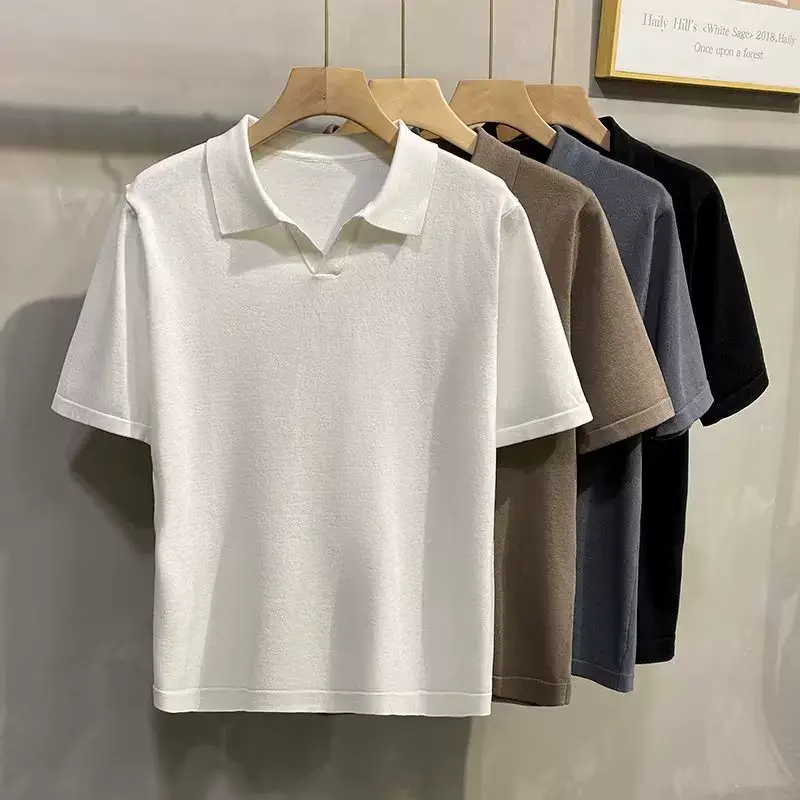 Men Summer Knitted T-Shirt Solid Color Slim Fit — feature 12