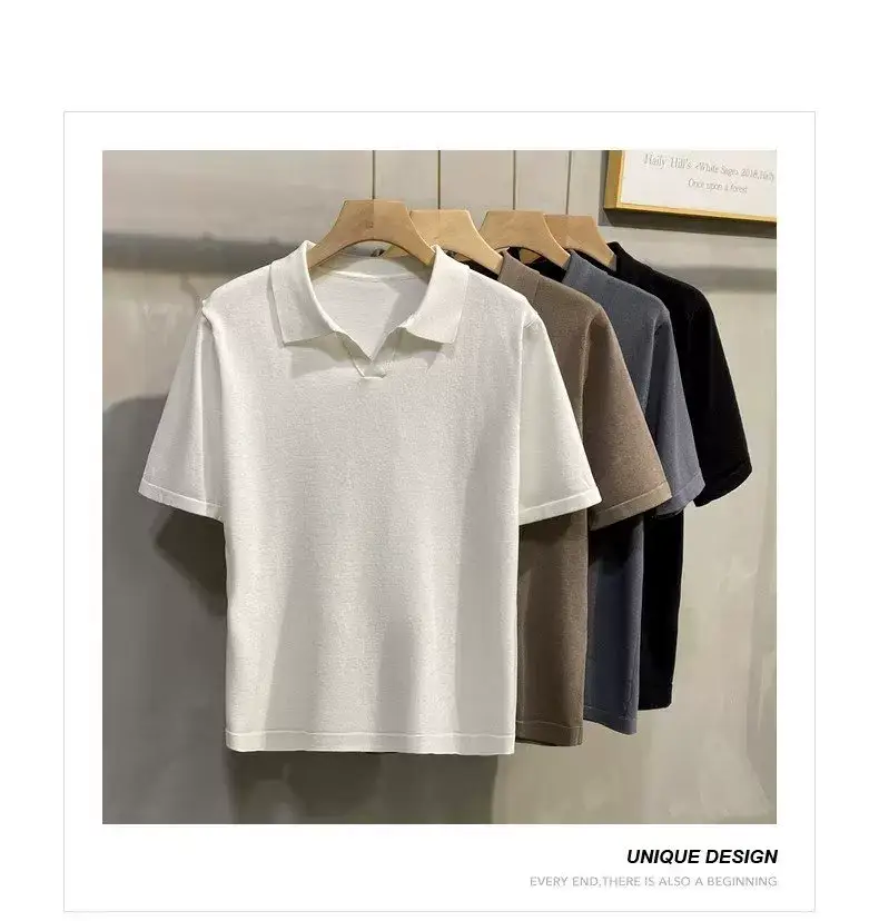 Men Summer Knitted T-Shirt Solid Color Slim Fit — feature 13
