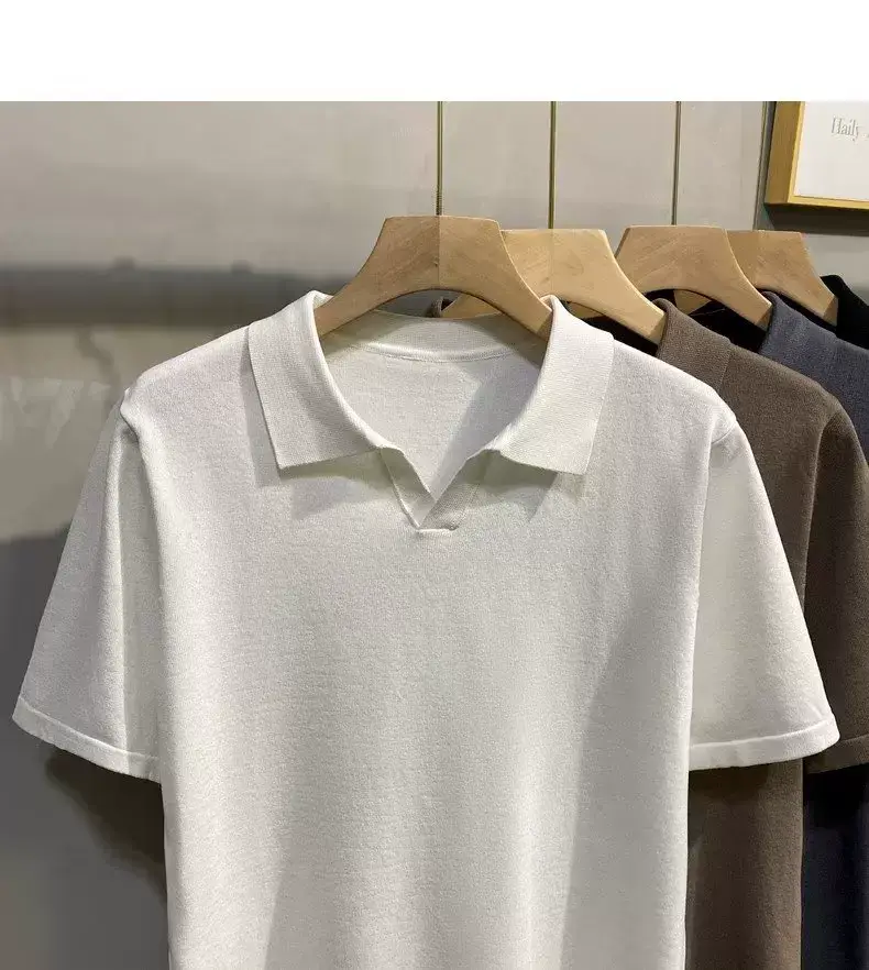 Men Summer Knitted T-Shirt Solid Color Slim Fit — feature 14