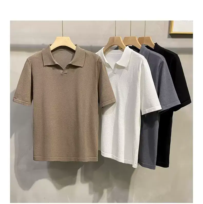 Men Summer Knitted T-Shirt Solid Color Slim Fit — feature 16