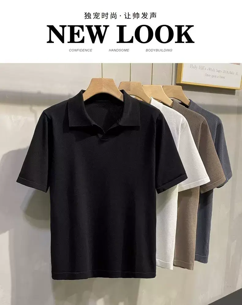 Men Summer Knitted T-Shirt Solid Color Slim Fit — feature 2