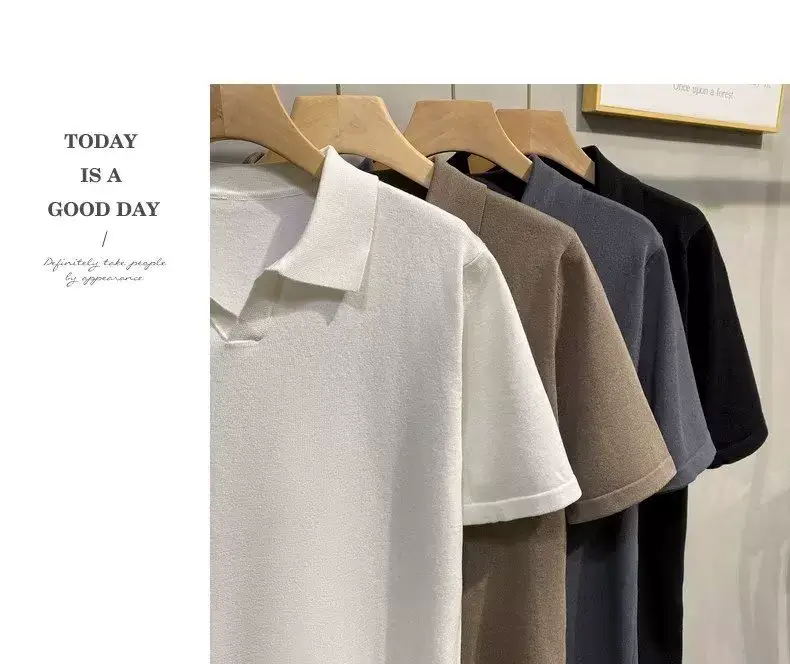 Men Summer Knitted T-Shirt Solid Color Slim Fit — feature 5