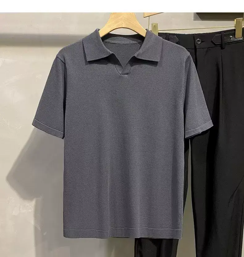 Men Summer Knitted T-Shirt Solid Color Slim Fit — feature 8