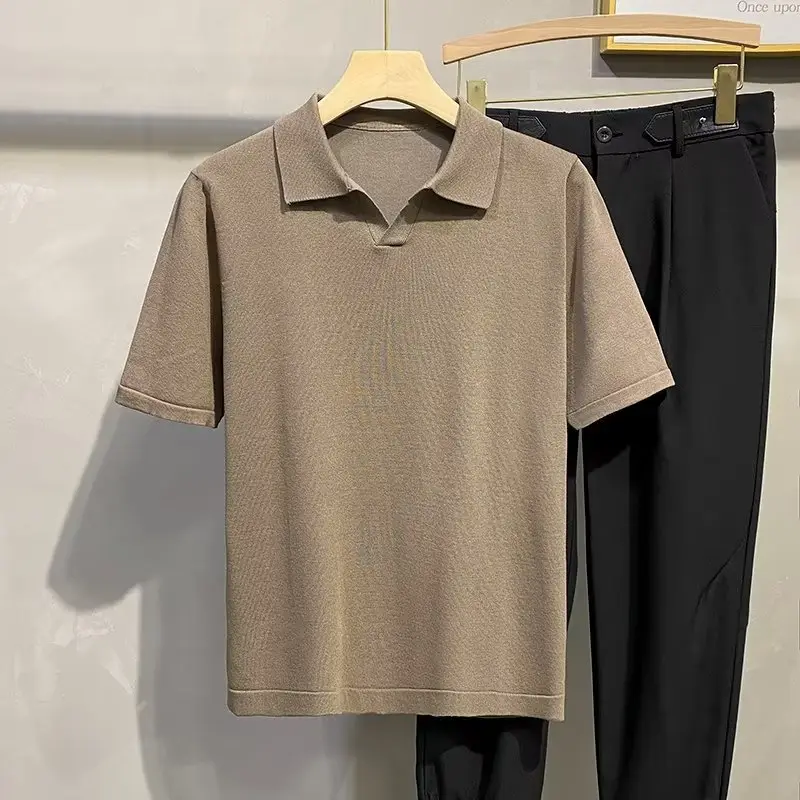 Men Summer Knitted T-Shirt Solid Color Slim Fit - Image 2
