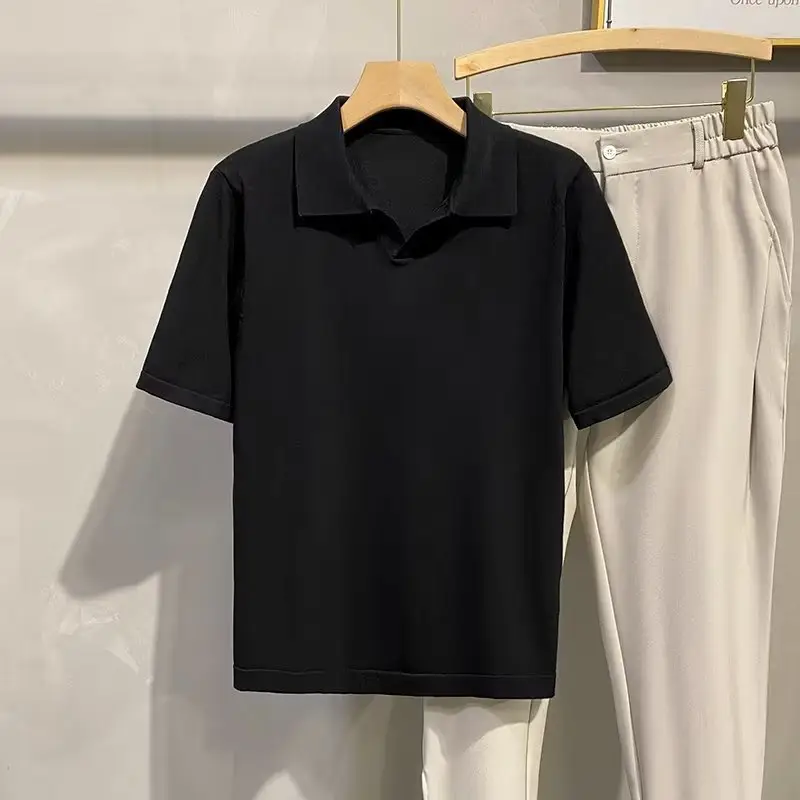 Men Summer Knitted T-Shirt Solid Color Slim Fit - Image 3