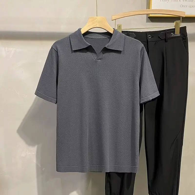 Men Summer Knitted T-Shirt Solid Color Slim Fit - Image 4