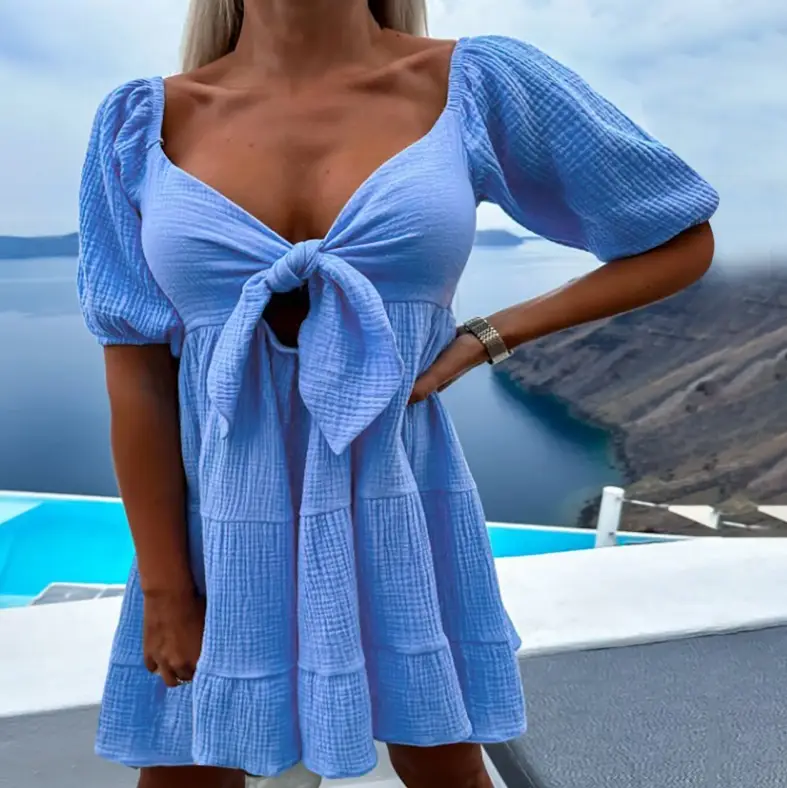 Blue Lace-up V-Neck Summer Dress for Women