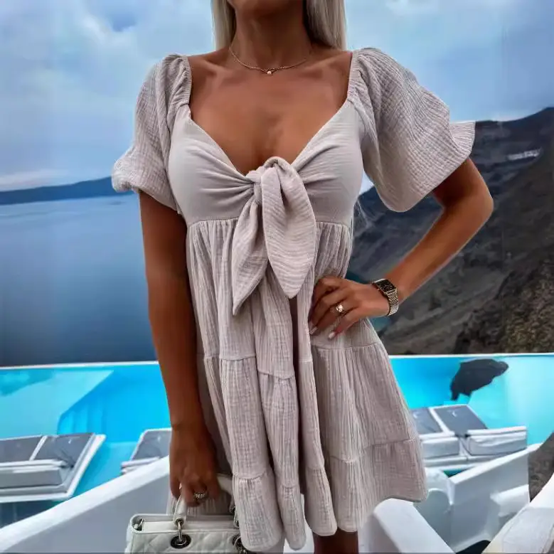 Blue Lace-up V-Neck Summer Dress for Women