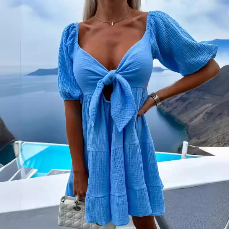 Blue Lace-up V-Neck Summer Dress for Women