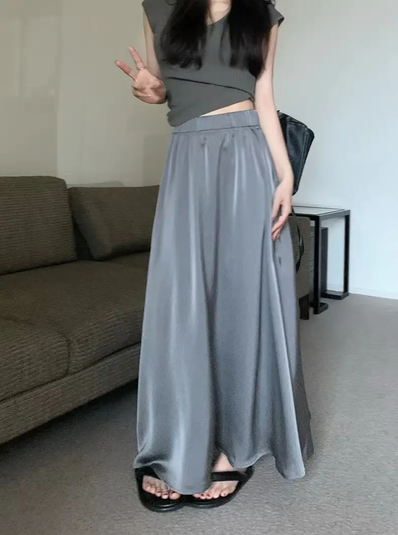 2023 French Hepburn Acetic Satin Long Skirt Large Swing — feature 5