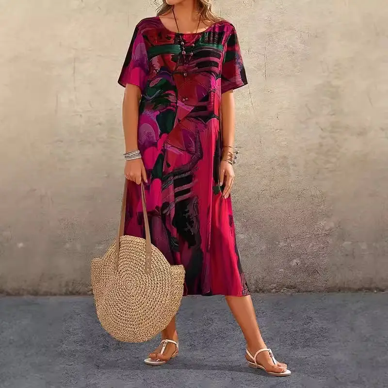 2023 Printed Casual Dress Summer Short Sleeve Waist Crewneck Loose Beach Dress - Image 15