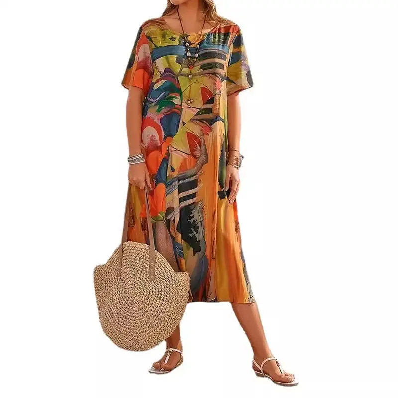 2023 Printed Casual Dress Summer Short Sleeve Waist Crewneck Loose Beach Dress - Image 17