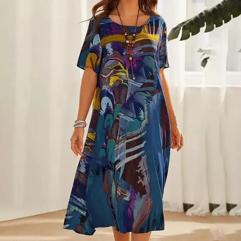 2023 Printed Casual Dress Summer Short Sleeve Waist Crewneck Loose Beach Dress - Image 7