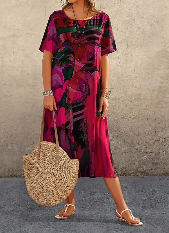 2023 Printed Casual Dress Summer Short Sleeve Waist Crewneck Loose Beach Dress - Image 11