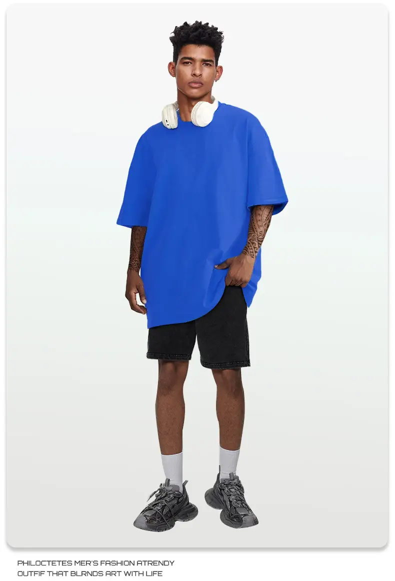 Men's Blue Cotton T-Shirt 260G Double Yarn — feature 15