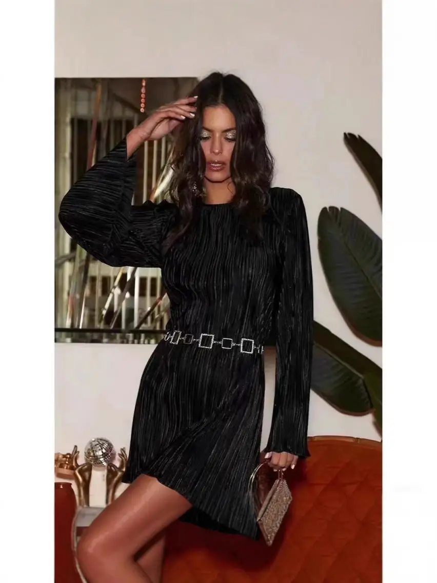 2023 Summer Pleated Bell Sleeve Dress Solid Beige - Image 8