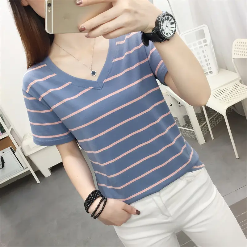 Women Striped Cotton T-Shirt V-Neck Plus Size