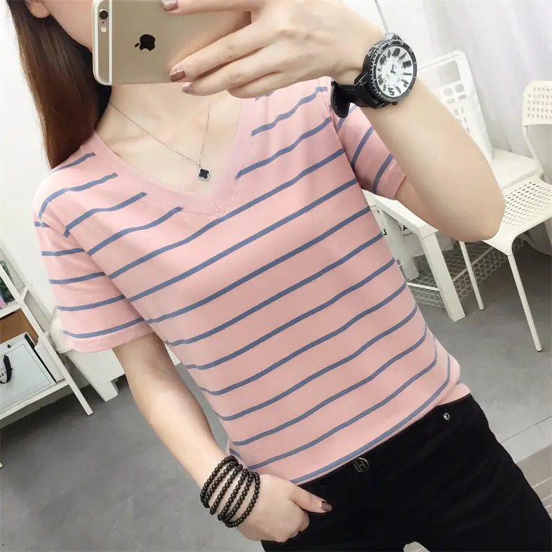 Women Striped Cotton T-Shirt V-Neck Plus Size