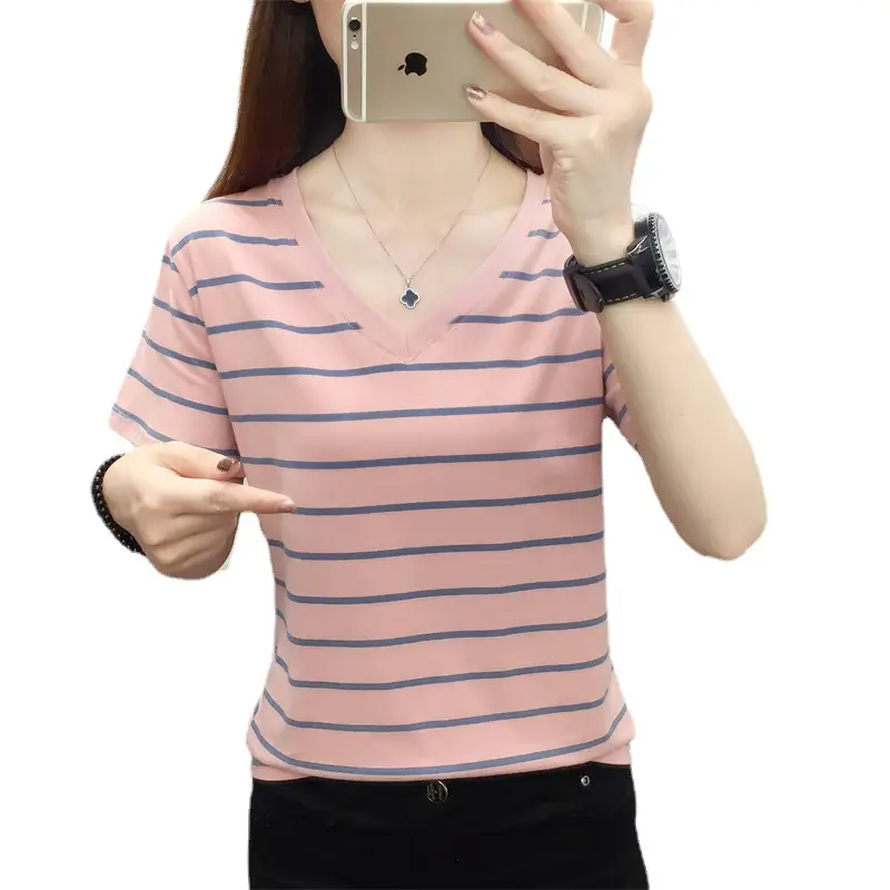 Women Striped Cotton T-Shirt V-Neck Plus Size