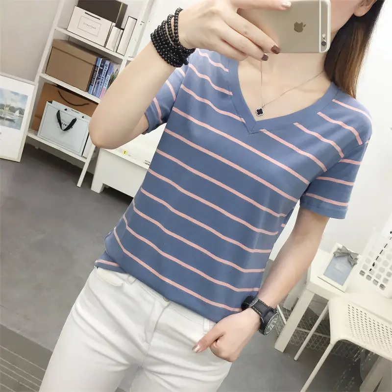 Women Striped Cotton T-Shirt V-Neck Plus Size — feature 11