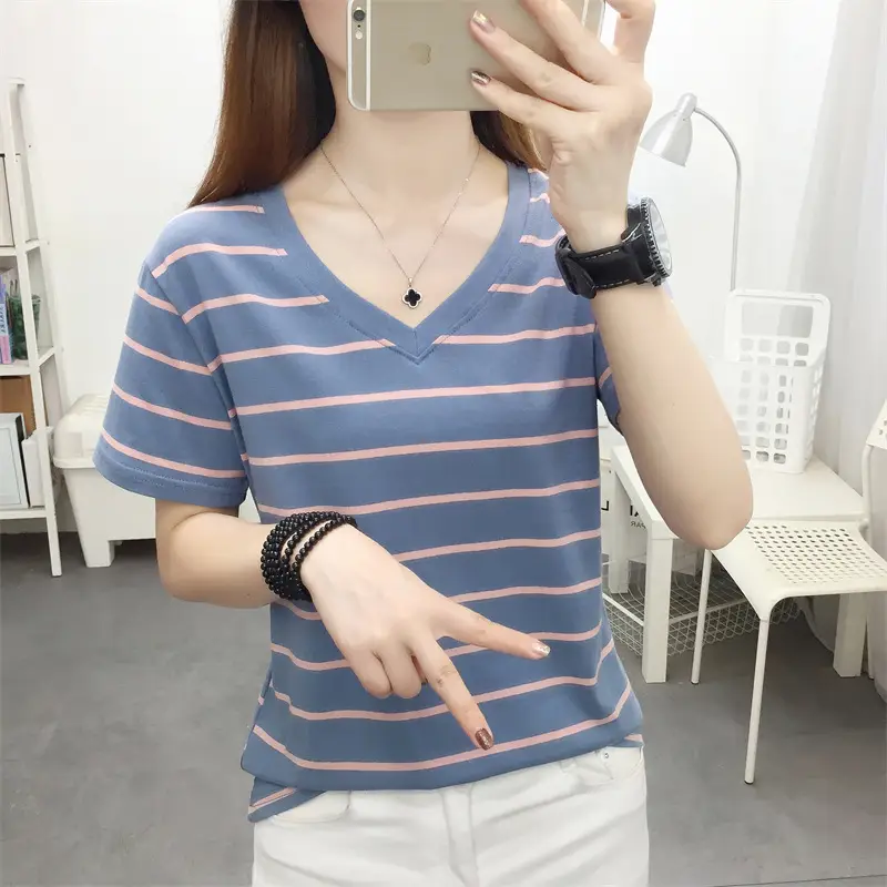 Women Striped Cotton T-Shirt V-Neck Plus Size — feature 13