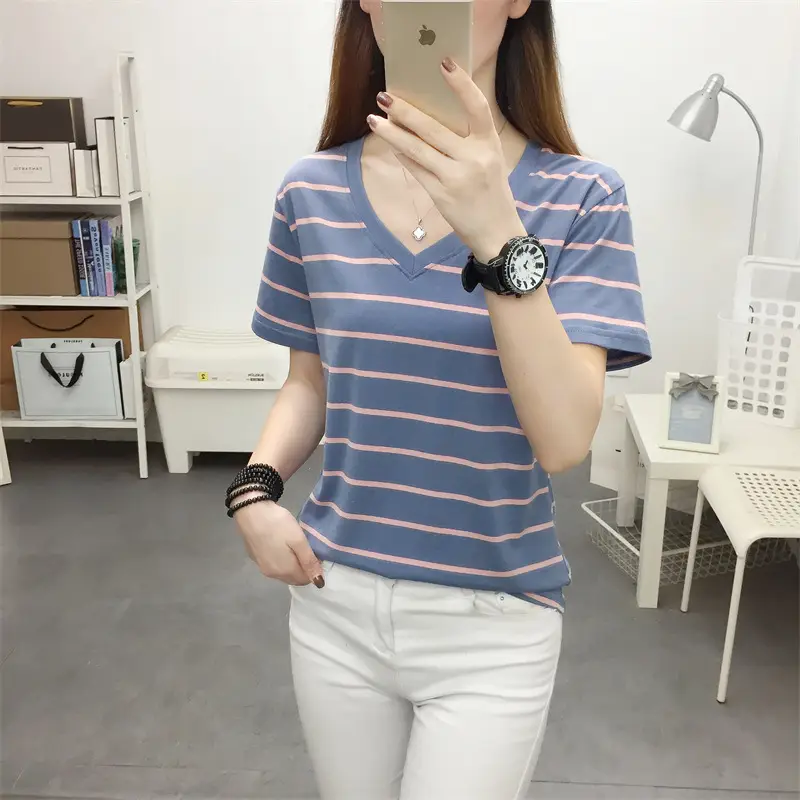 Women Striped Cotton T-Shirt V-Neck Plus Size — feature 14
