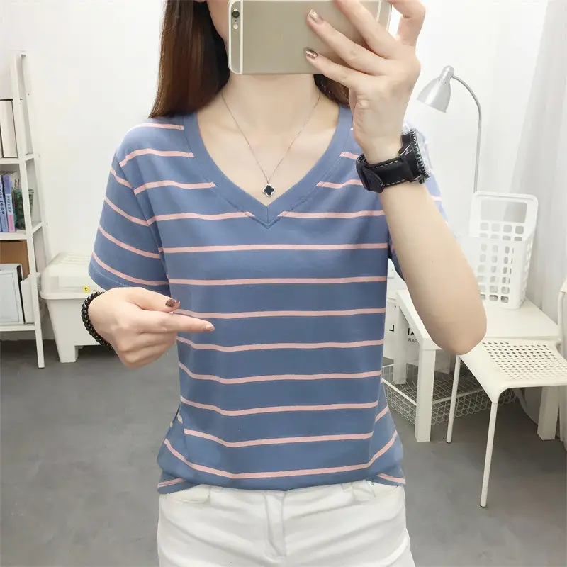 Women Striped Cotton T-Shirt V-Neck Plus Size — feature 15