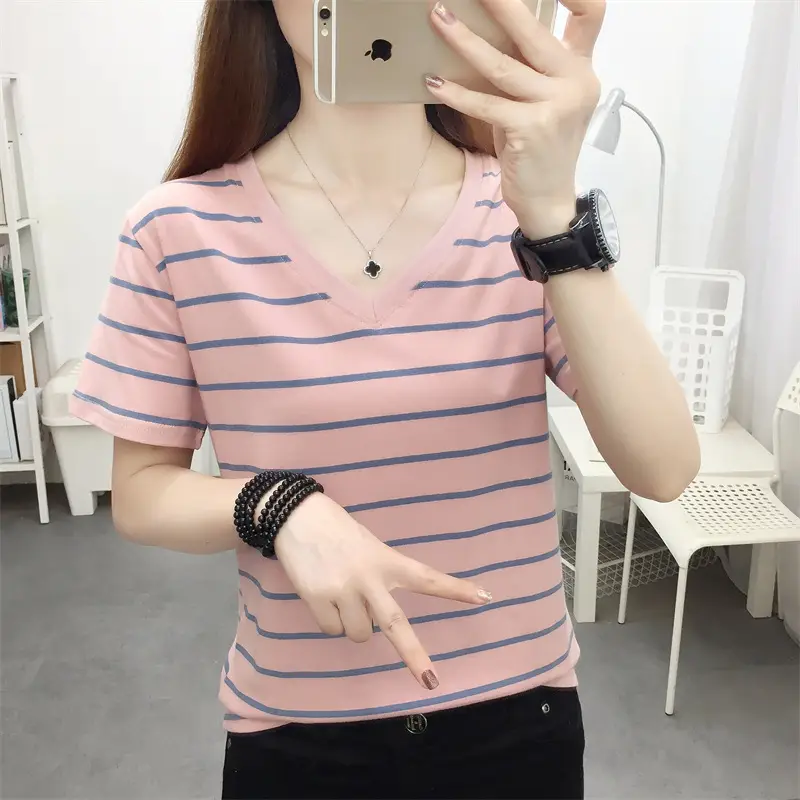 Women Striped Cotton T-Shirt V-Neck Plus Size — feature 6
