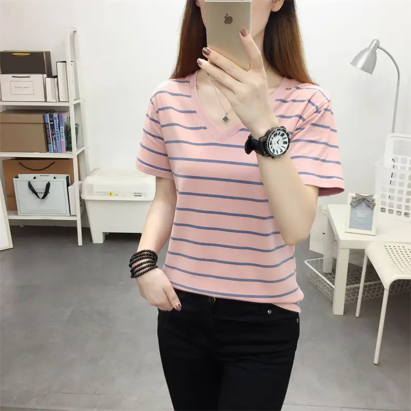 Women Striped Cotton T-Shirt V-Neck Plus Size — feature 7
