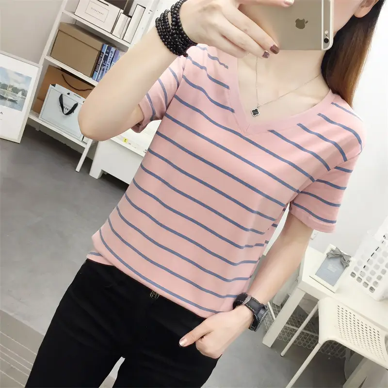 Women Striped Cotton T-Shirt V-Neck Plus Size — feature 8