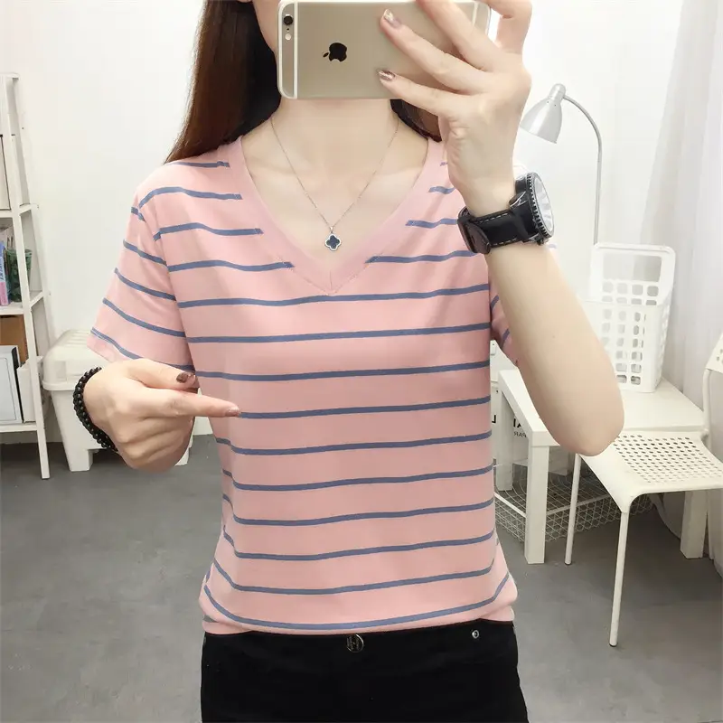 Women Striped Cotton T-Shirt V-Neck Plus Size — feature 9