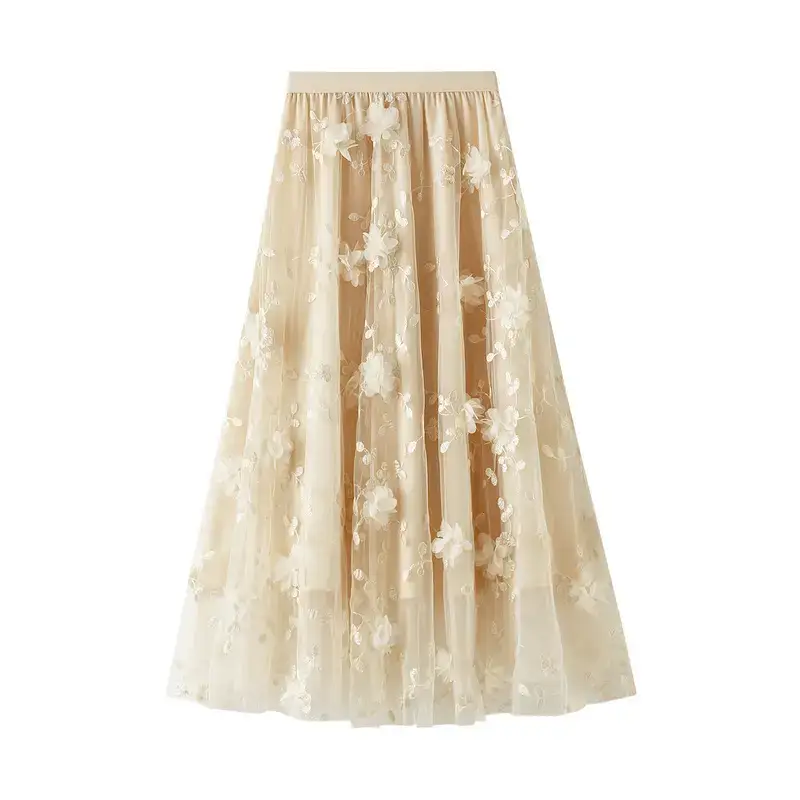 Red Mesh Embroidered Skirt Large Size High Waist - Image 2