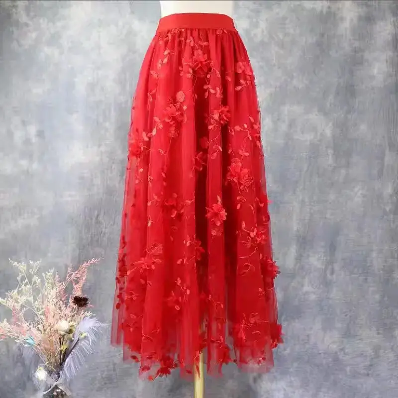 Red Mesh Embroidered Skirt Large Size High Waist - Image 4
