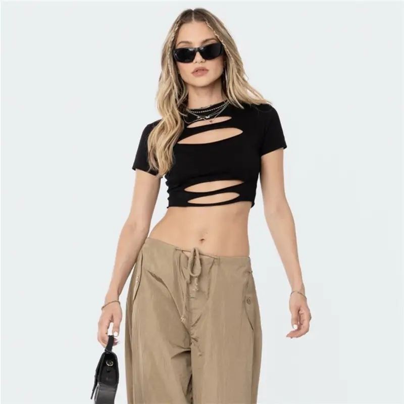 Women Black Hollow Neck Crop Top Slim Fit Summer T-shirt - Image 3
