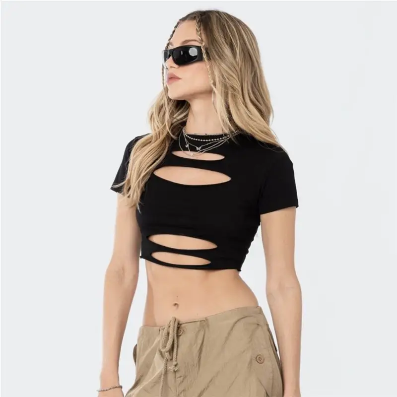 Women Black Hollow Neck Crop Top Slim Fit Summer T-shirt - Image 5