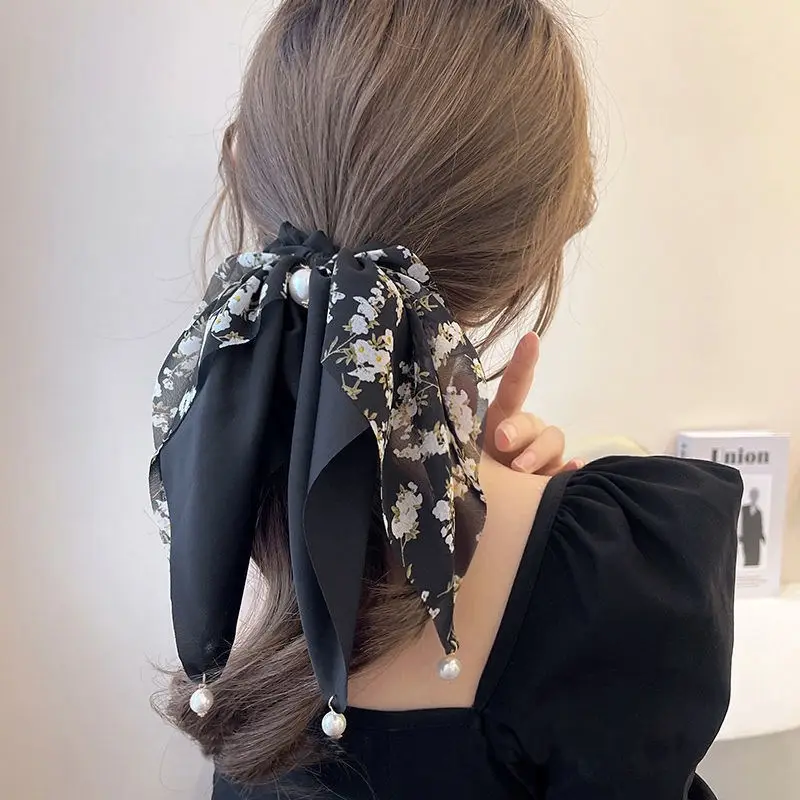 Black Floral Hair Rope with Pearl Accents