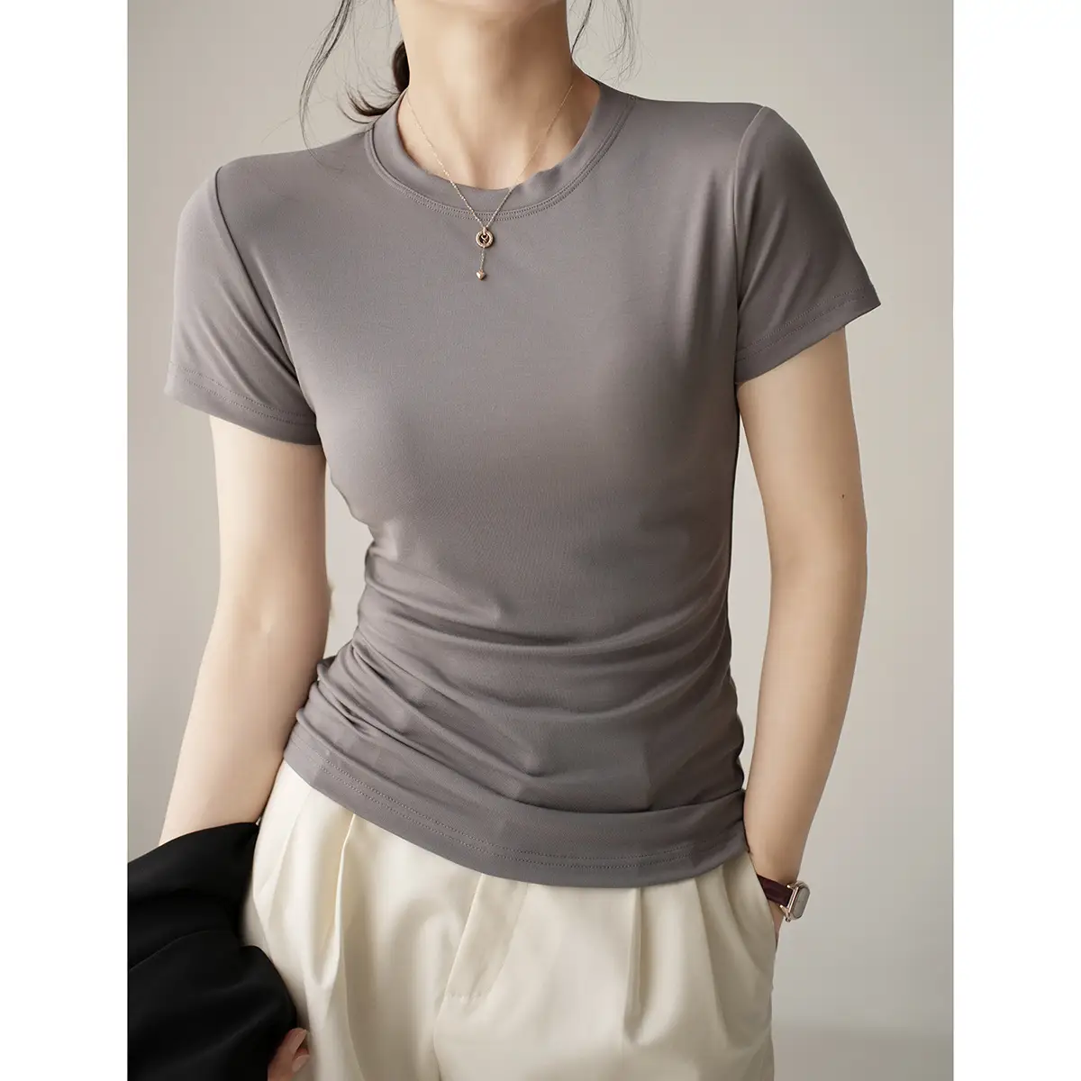 Women Grey Round Neck T-Shirt Short Sleeve - Image 3