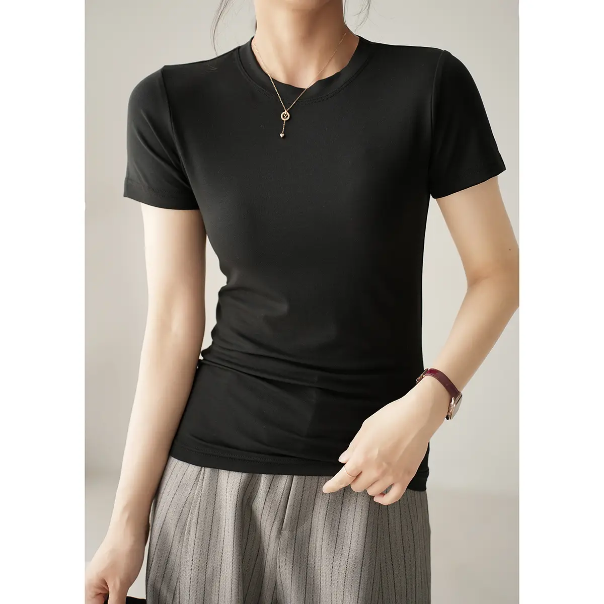Women Grey Round Neck T-Shirt Short Sleeve - Image 2