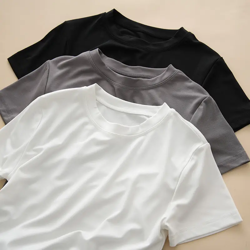 Women Grey Round Neck T-Shirt Short Sleeve - Image 4