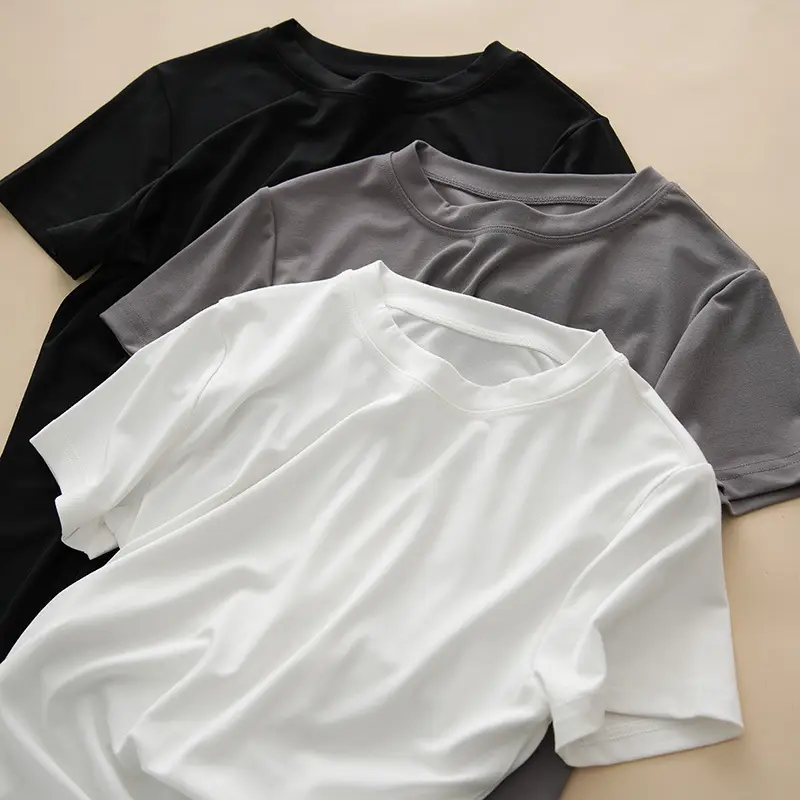 Women Grey Round Neck T-Shirt Short Sleeve - Image 5