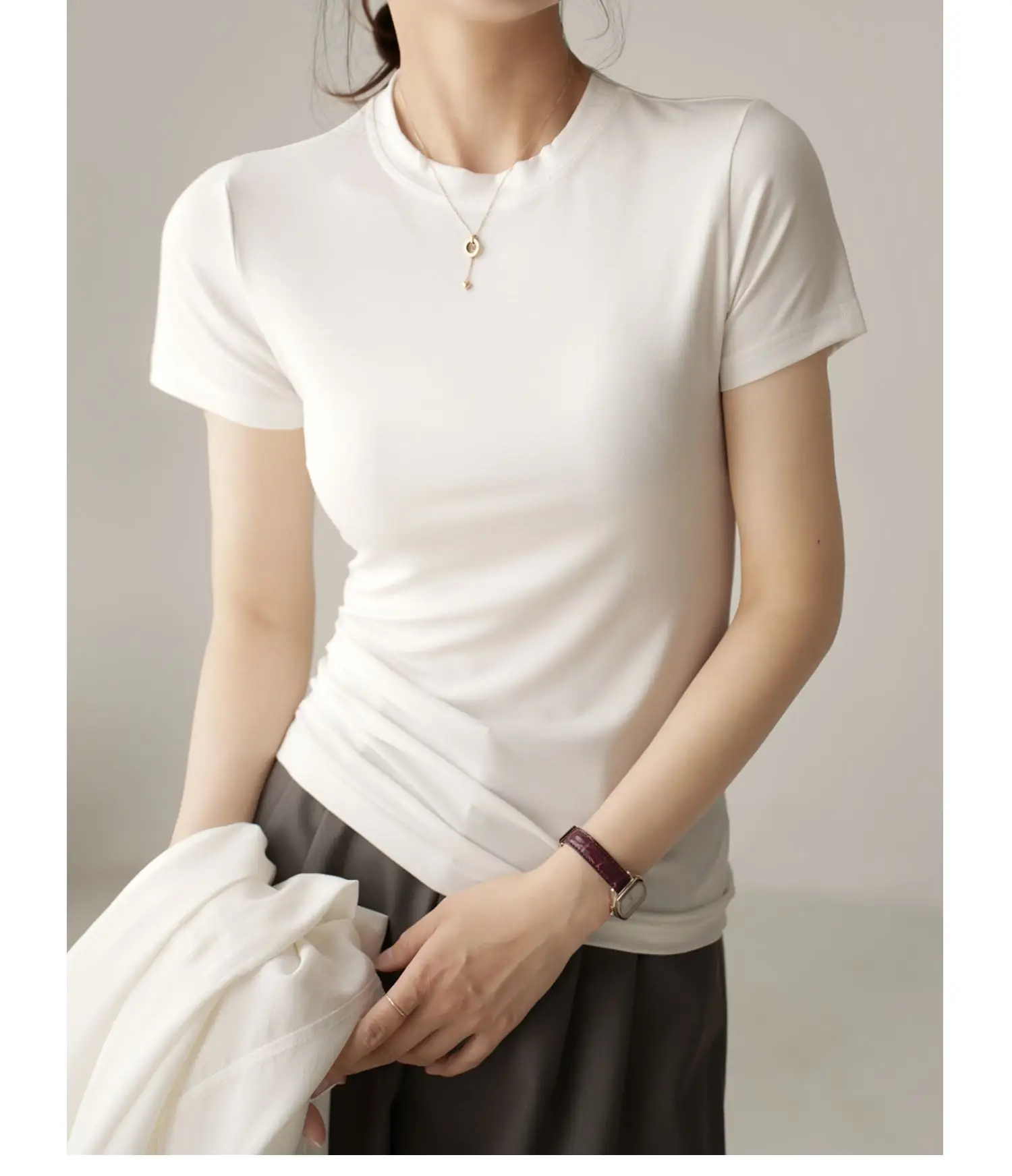 Women Grey Round Neck T-Shirt Short Sleeve — feature 10
