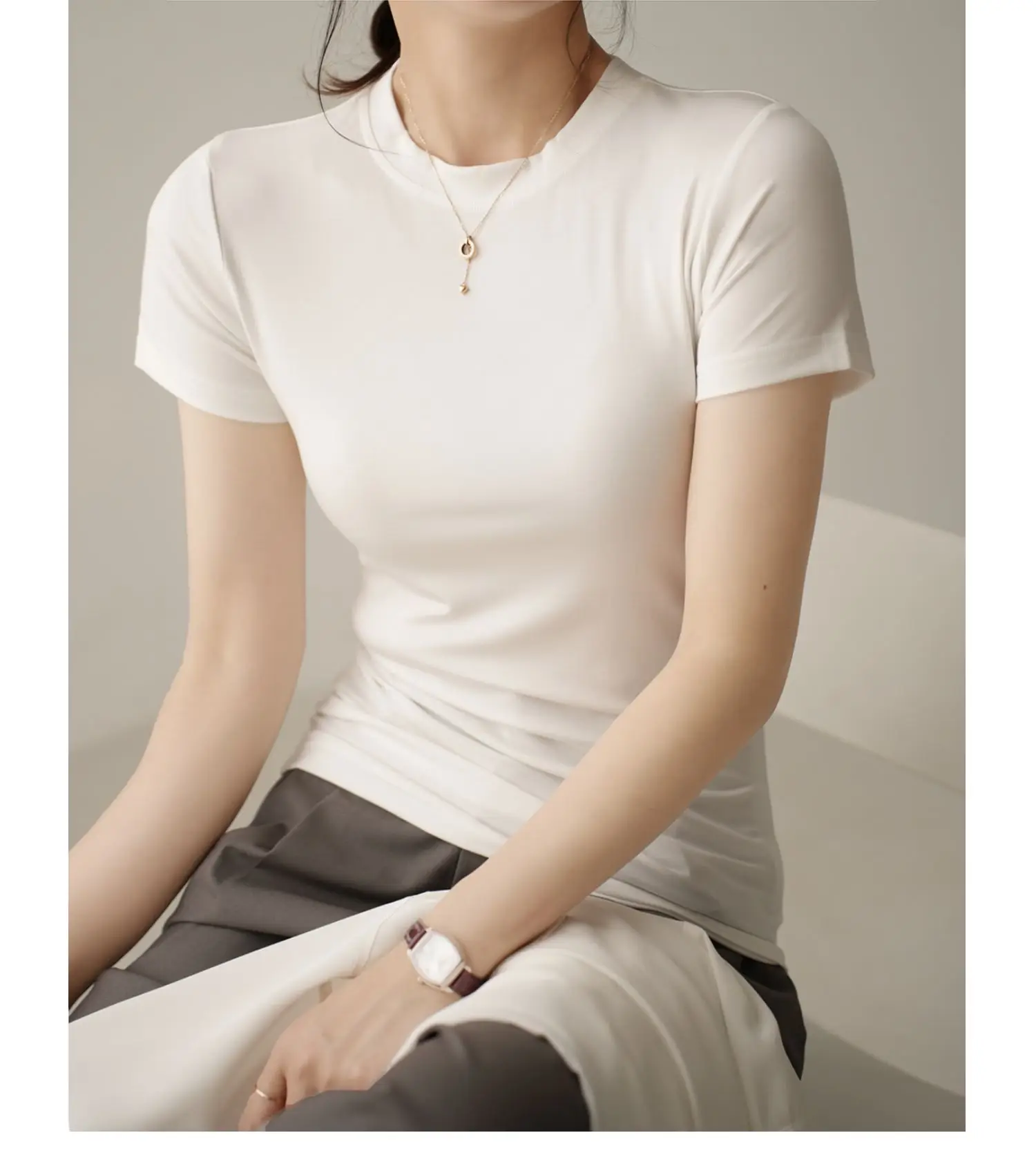 Women Grey Round Neck T-Shirt Short Sleeve — feature 11