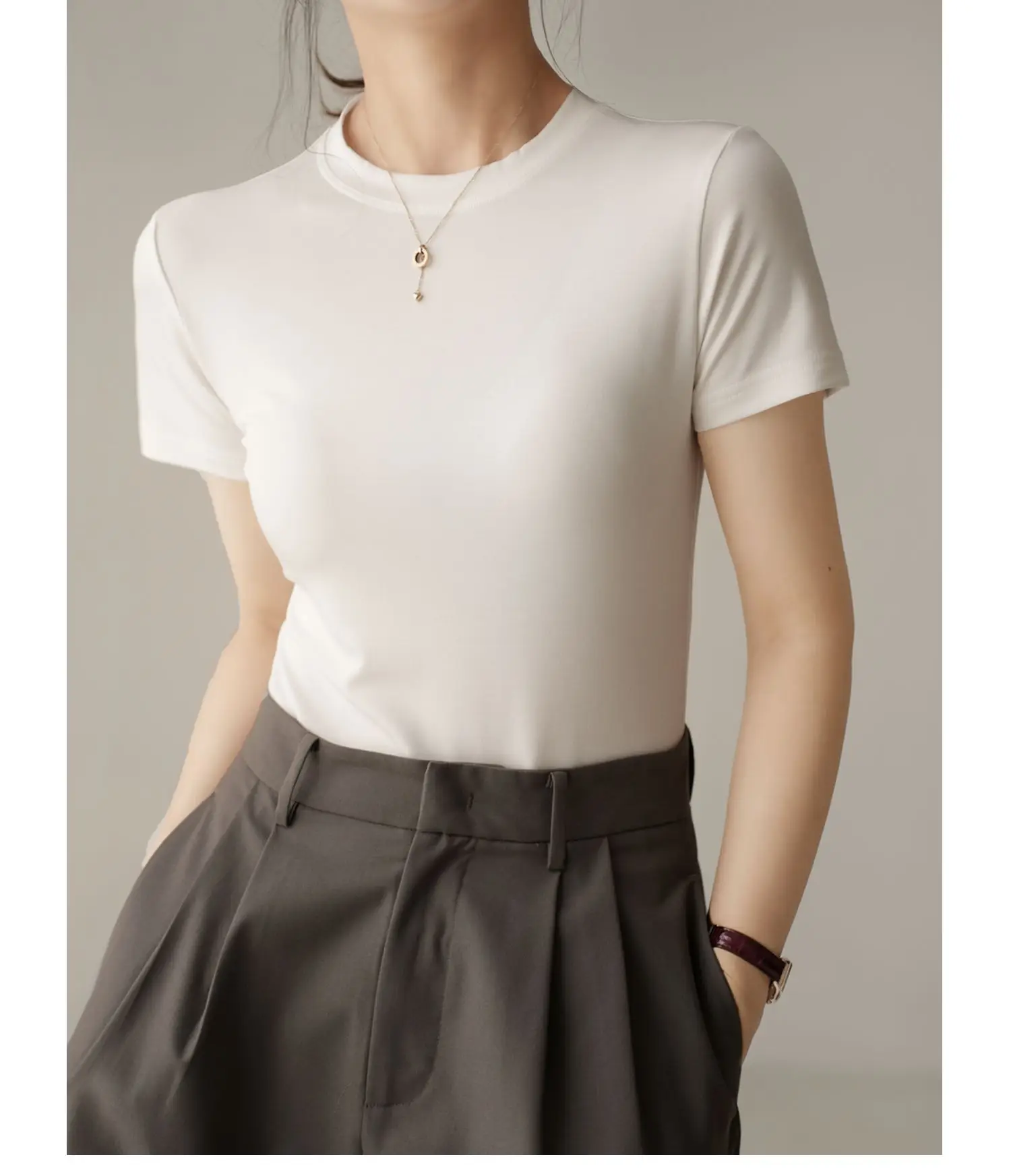 Women Grey Round Neck T-Shirt Short Sleeve — feature 12