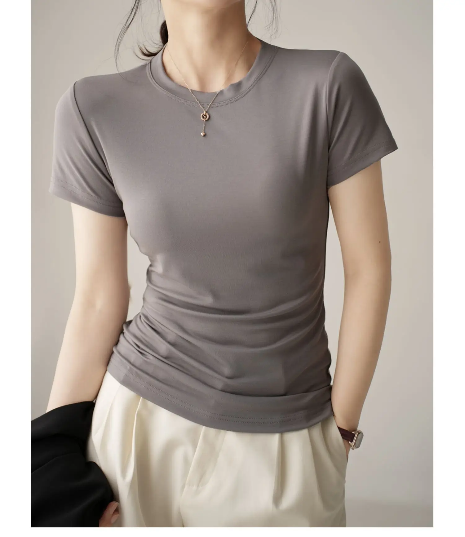 Women Grey Round Neck T-Shirt Short Sleeve — feature 13