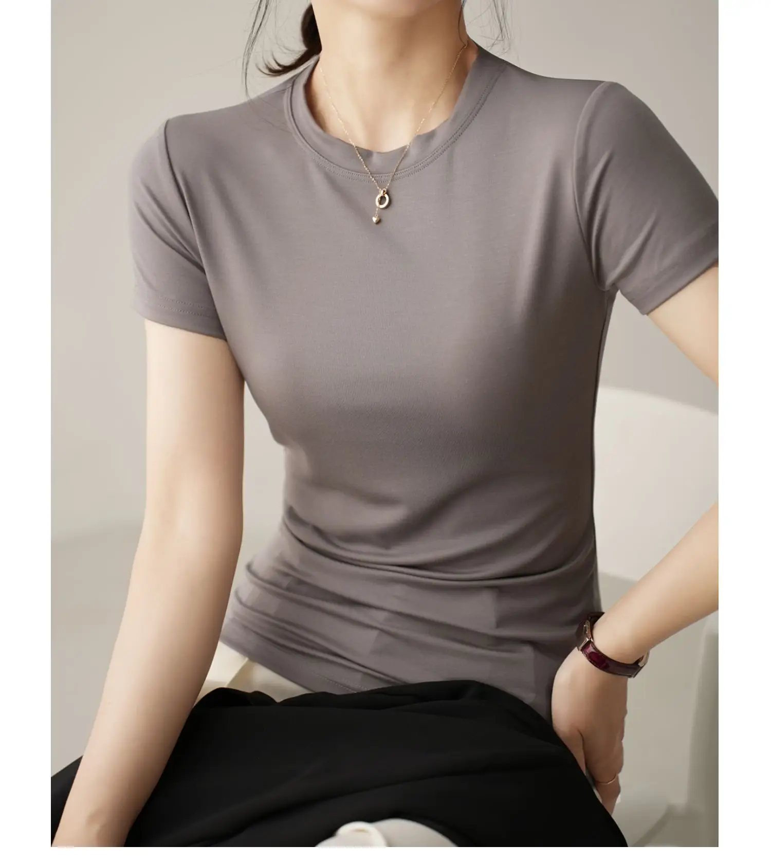 Women Grey Round Neck T-Shirt Short Sleeve — feature 14
